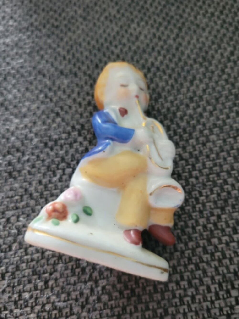 Boy Playing horn Ceramic Figurine Doll House Vintage Occupied Japan